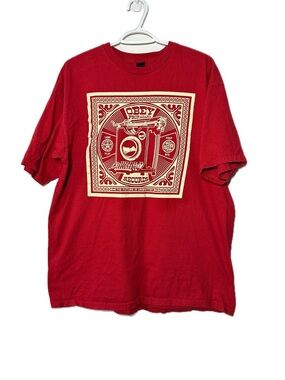 Vintage Y2K Obey Records Red Cream Graphic Panel T-Shirt Unisex Streetwear XL